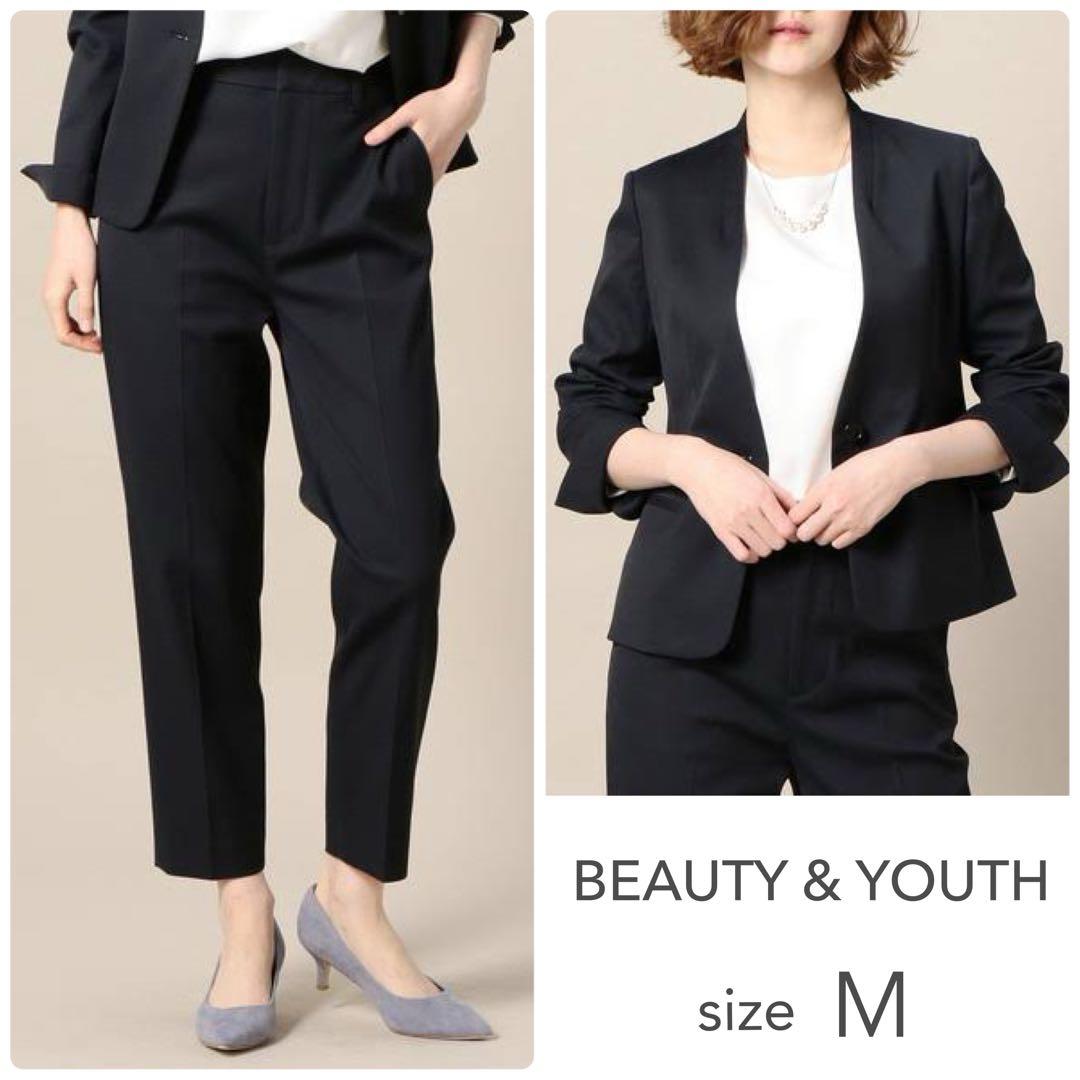 美品　ビューティ＆ユース　ピケカラーレスジャケット　トラウザーパンツ　スーツ　M