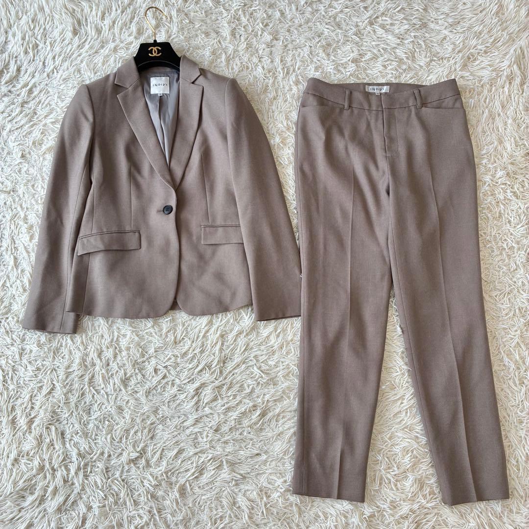 INDIVI 洗える ストレッチ ジャケット テーパードパンツ セット ブラウン