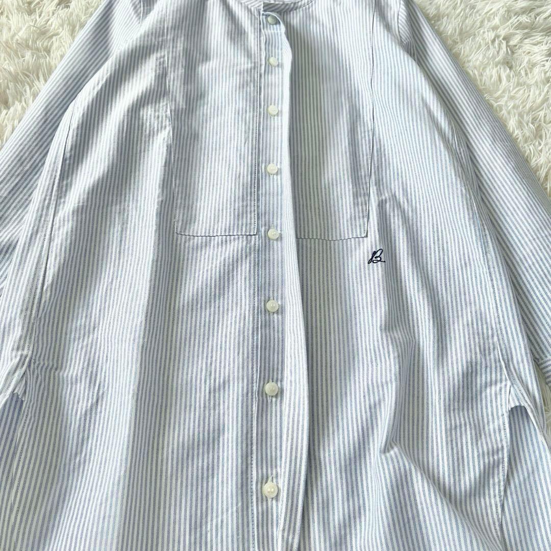 2024✨未使用級マディソンブルー ノーカラー ストライプロングシャツ