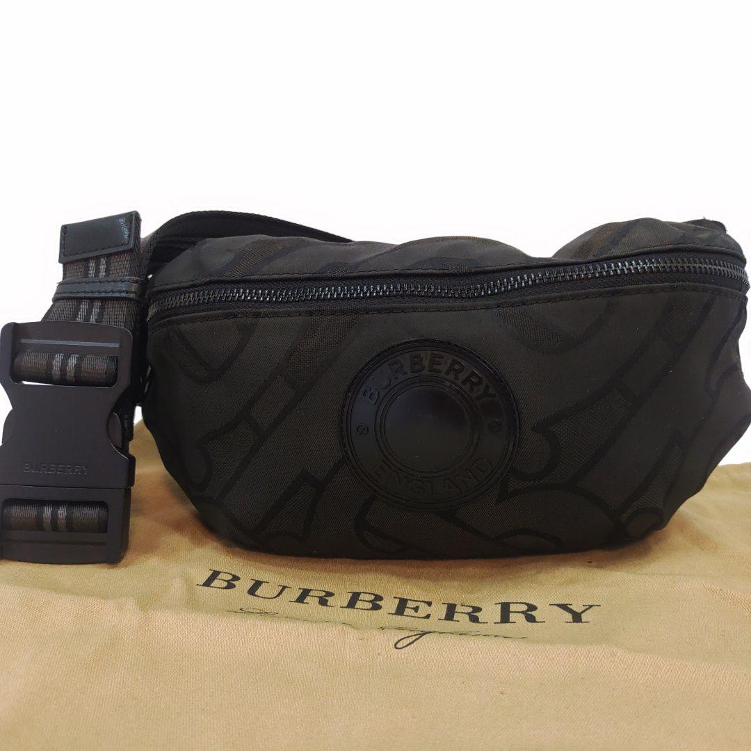 バーバリー ボディバッグ ウエストポーチ レザー×ナイロン TB総柄 黒
