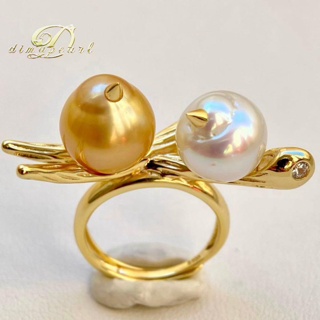 本真珠南洋白蝶真珠　茶金とホワイト無調「鳥と枝」s925リングY1059