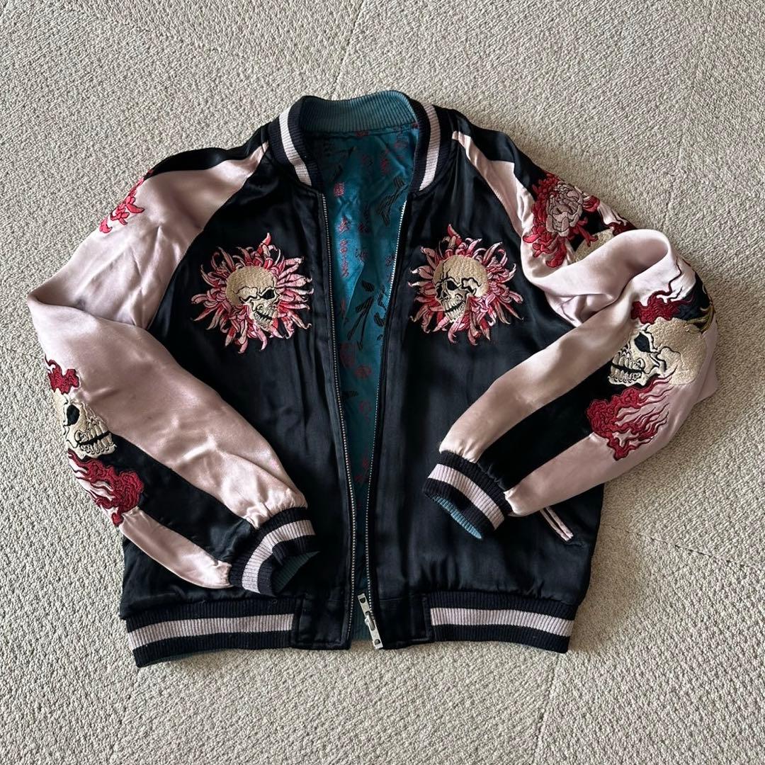 スカジャン Mサイズ　刺繍 スカル ヴィンテージ風 サテンジャケット