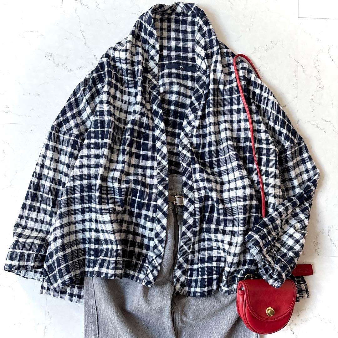 美品 45R インド製 コットンフランネルチェック シャツカーディガン 羽織り_