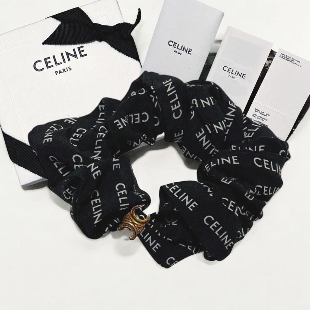 セリーヌ シュシュ レイユール シルク ゴールド ブラック トリオンフ ロゴ