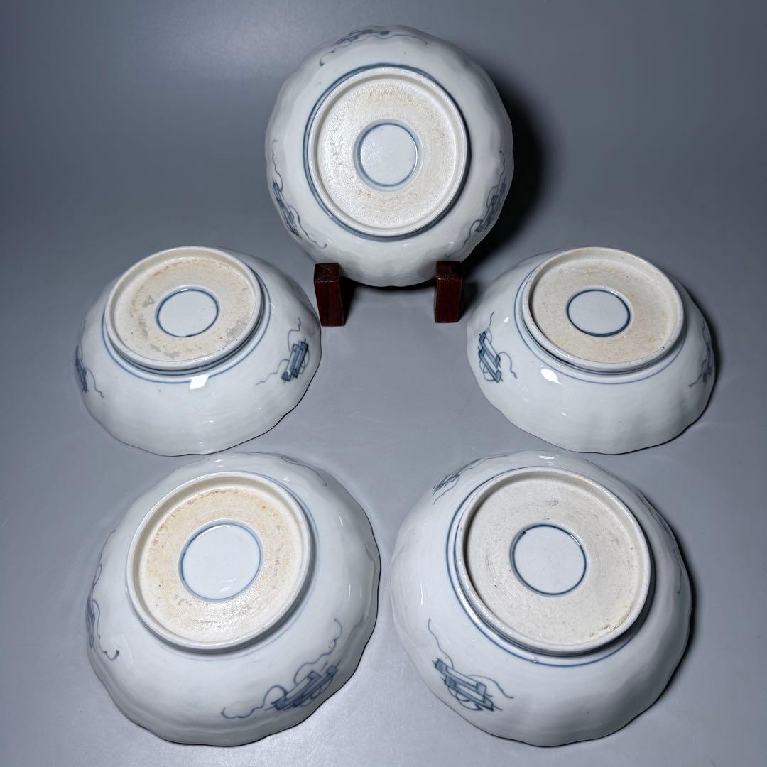 古伊万里 色絵花鳥図輪花形膾皿 松竹梅 裏巻物文様 江戸期 金蘭