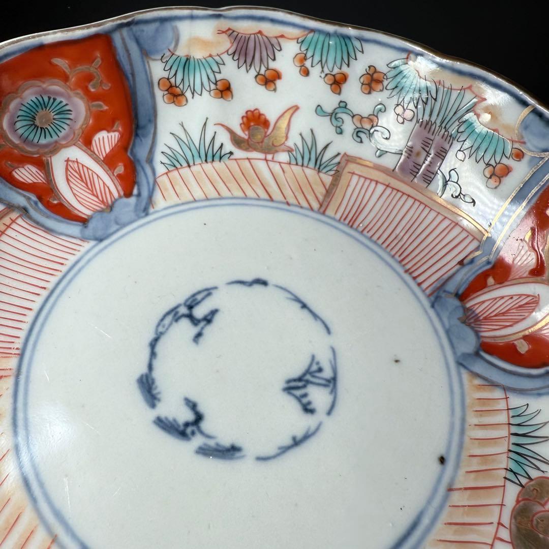 古伊万里 色絵花鳥図輪花形膾皿 松竹梅 裏巻物文様 江戸期 金蘭
