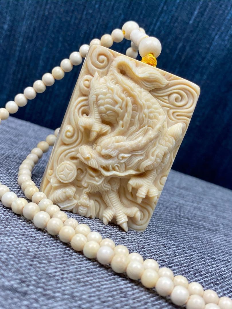 天然マンモス牙美しい手作り彫刻 麒麟納福 ネックレス