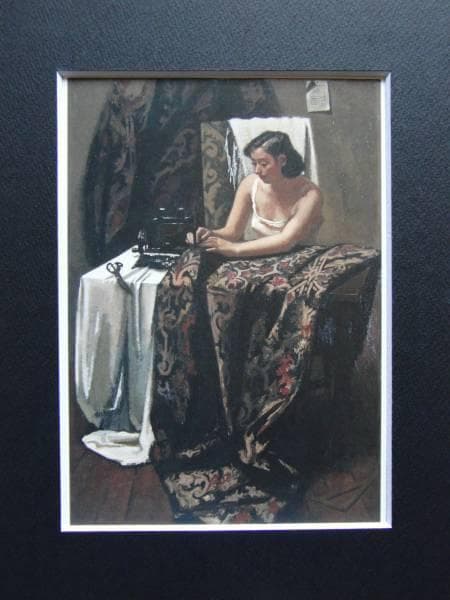 小磯良平、【裁縫女】、希少な大判額装用画集より、美品、新品額装付