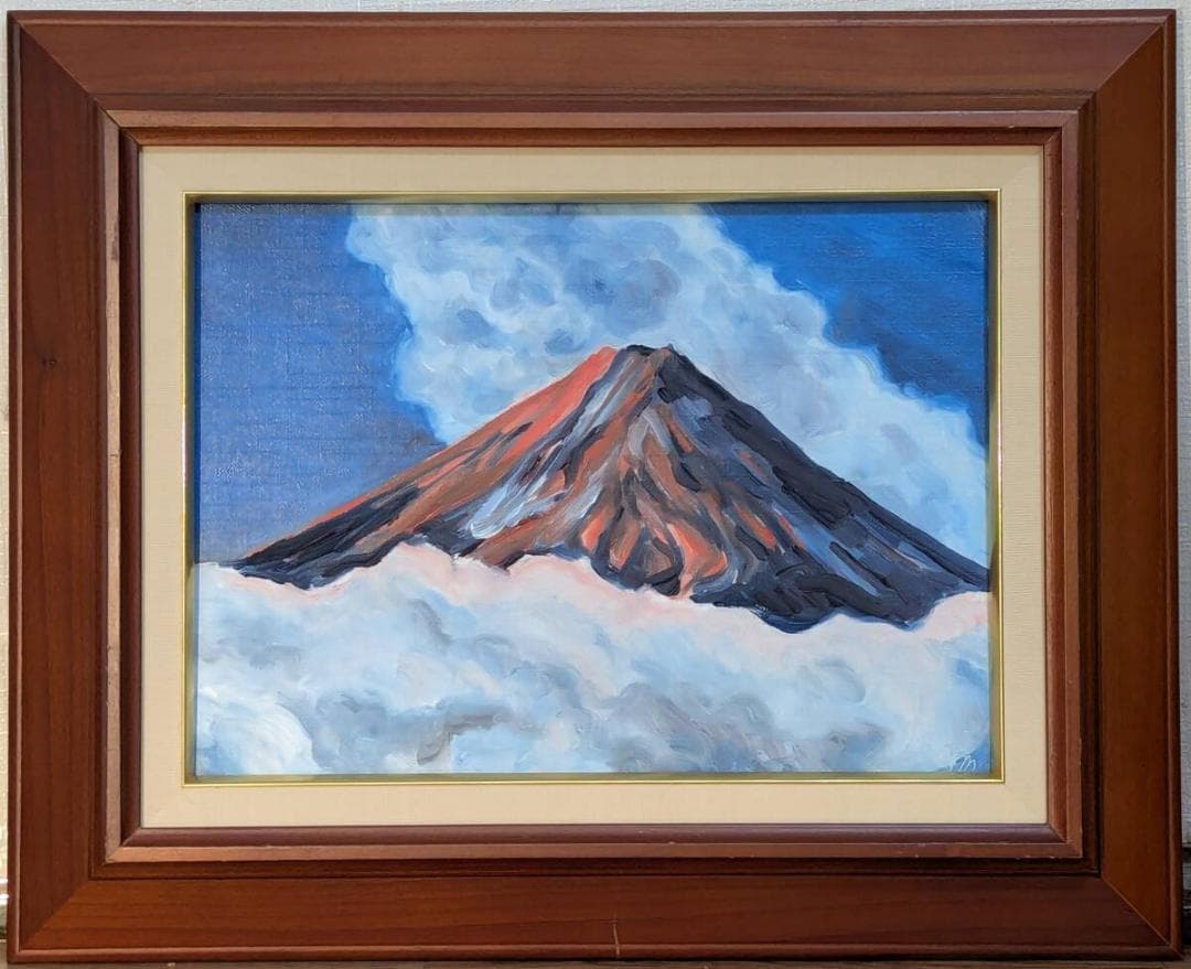 【真作】絵画　油彩4号　赤富士　雲海に映える神秘　黎明の富士　Y121