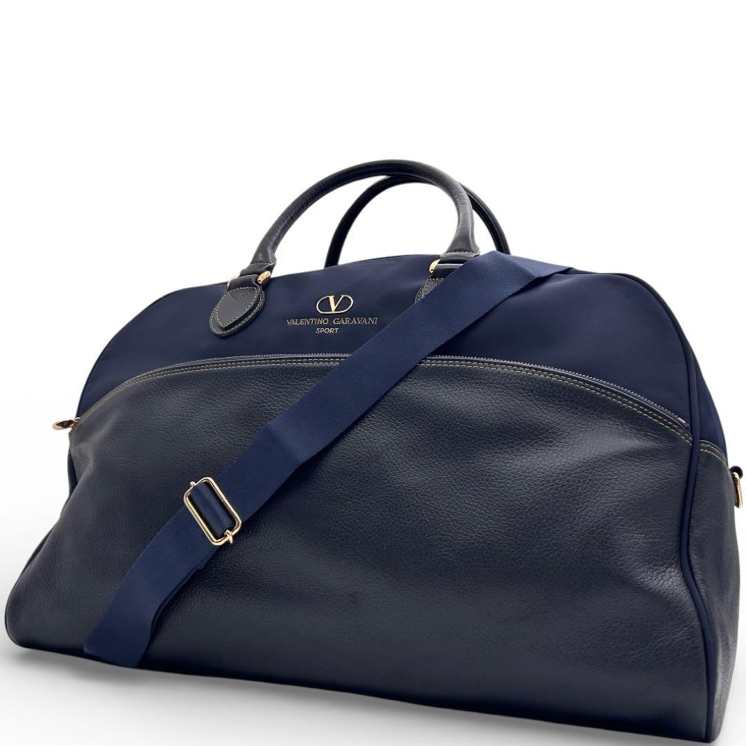 極美品　ヴァレンティノガラバーニ　ボストンバッグ　2way　レザー　ナイロン　紺