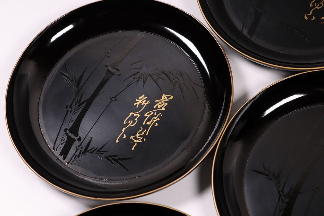 木製漆器 時代 竹図 闇蒔絵 黒塗銘々盆 十九客 15.8cm 木皿 MA17