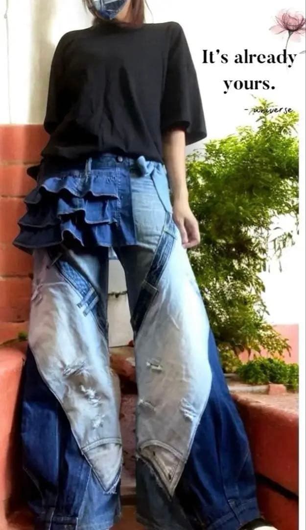 週末セール！デニムリメイク☆ビッくフレアパンツxフリルスカート