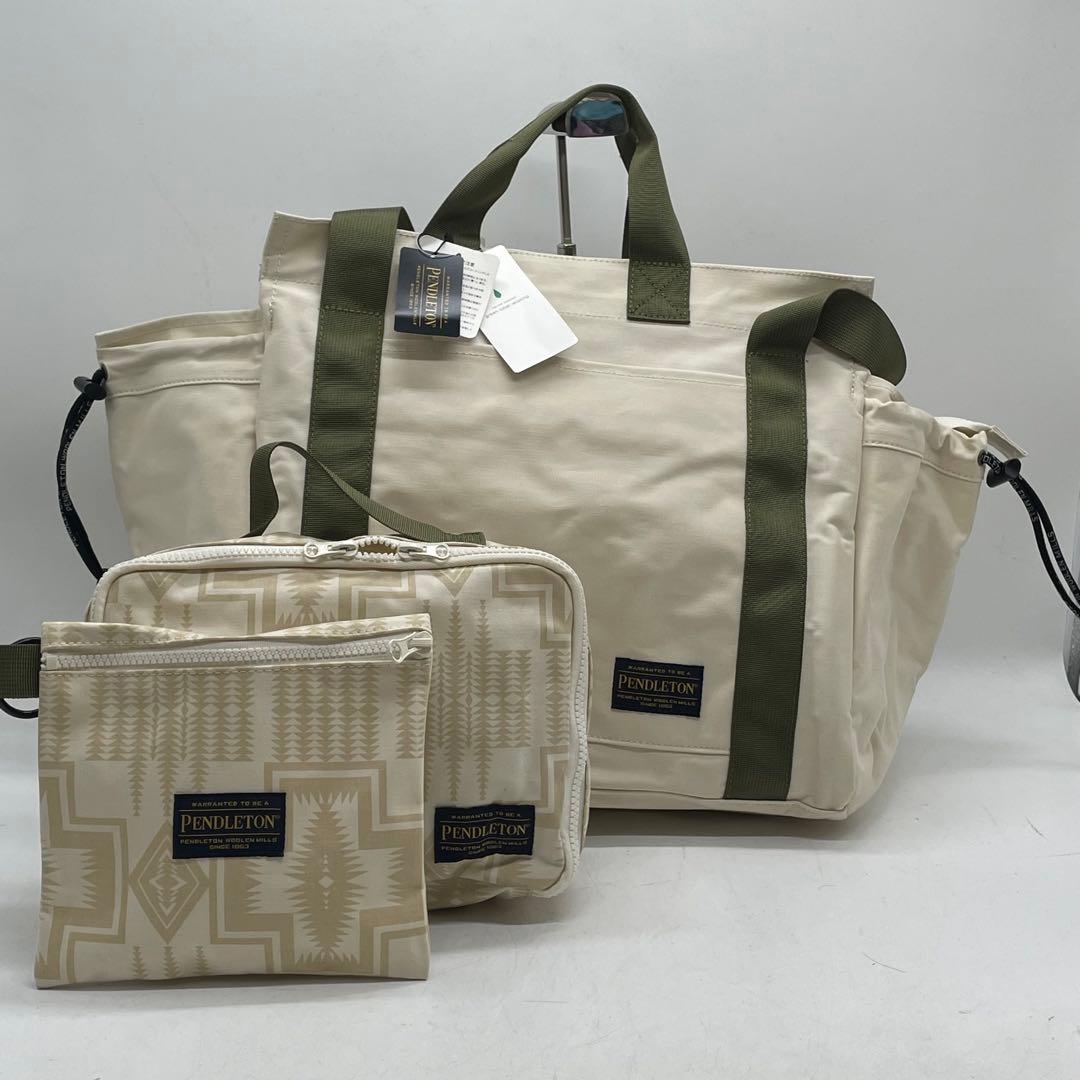 BN3470ペンデルトン　マザーズトート オフホワイト ポーチ2個 タグ付き