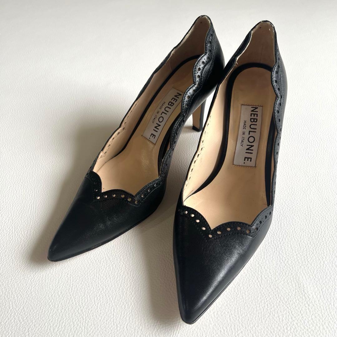 美品　ネブローニ　スカラップ パンチング　レザー　パンプス　レース　ヒール　24