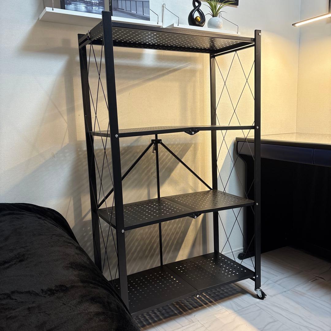 《 美品 》折りたたみラック 黒 キャスター付き 防錆 収納棚