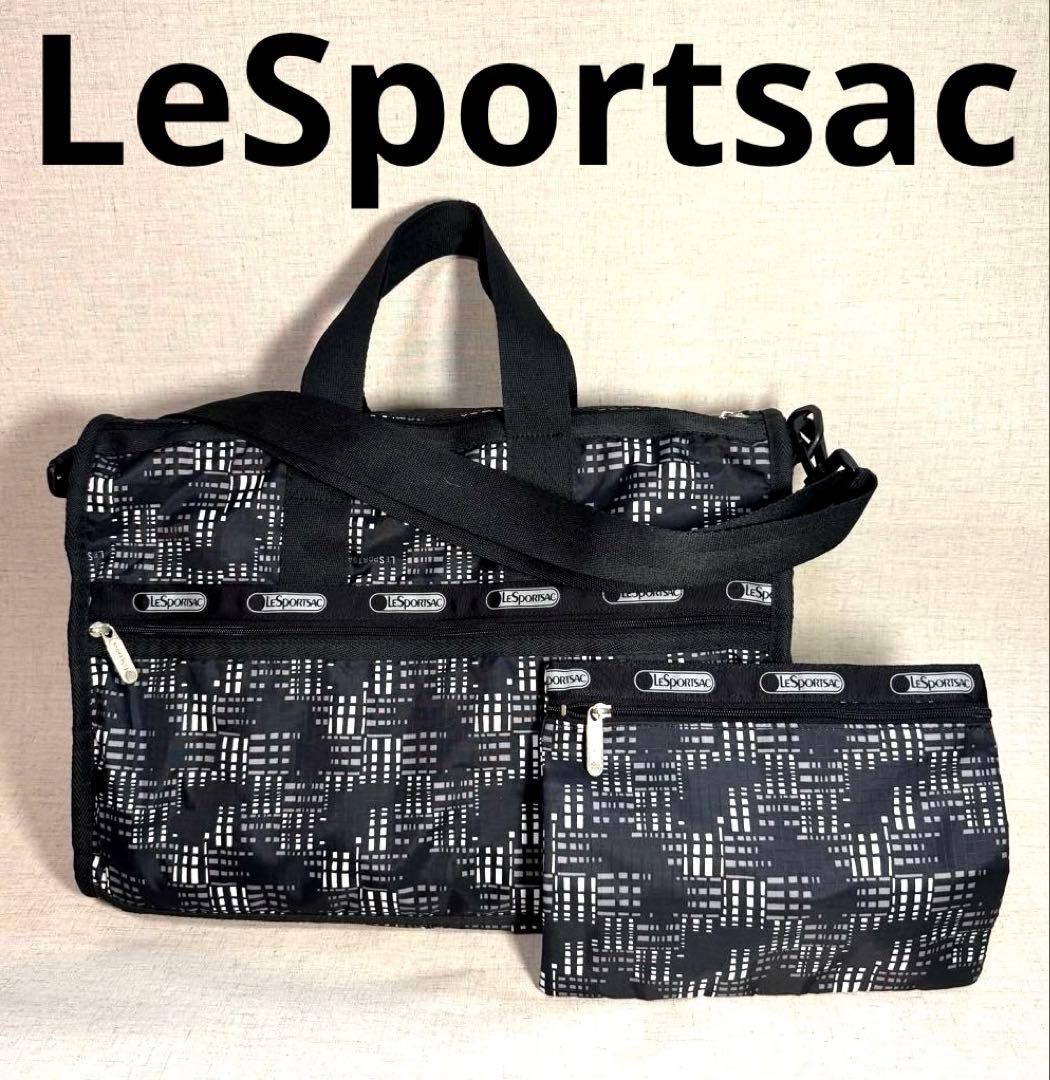 LeSportsac レスポートサック　モノトーン　総柄　黒　ボストンバック