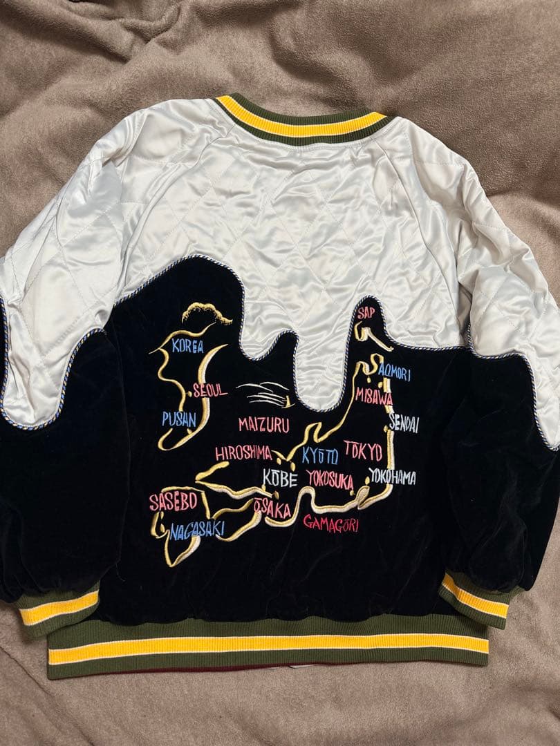 未使用 別珍 日本地図 鶴 スカジャン unisex 美品 サテン