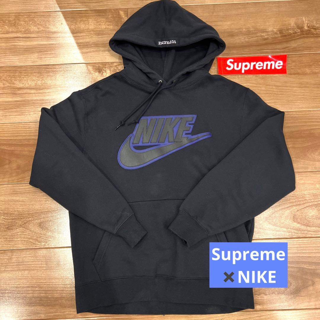 シュプリーム パーカー ナイキ レザー アップリケ フーディー ブラック 美品