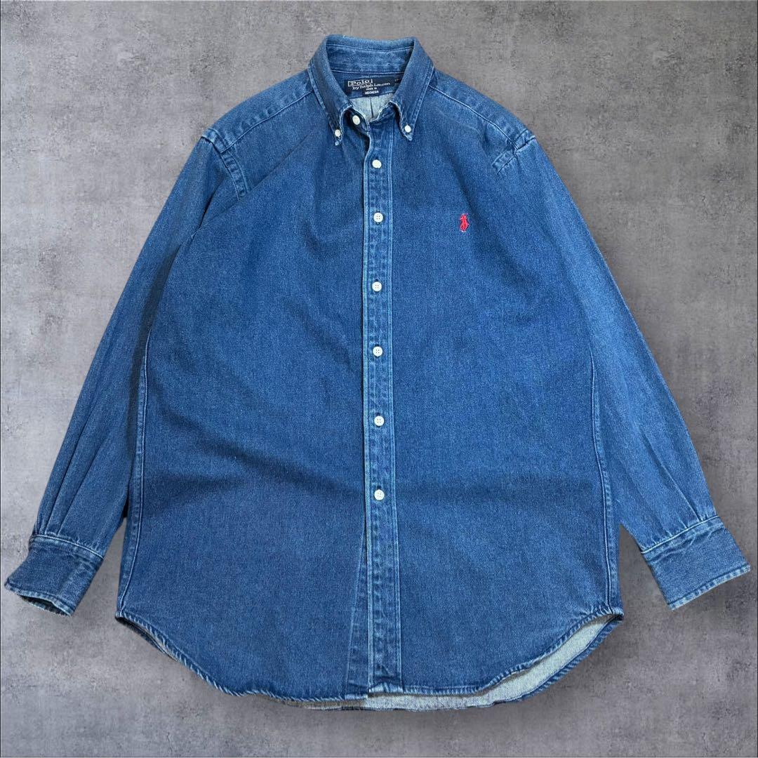 90s ラルフローレン デニムシャツ 長袖 赤ポニー 刺繍ロゴ M ヴィンテージ
