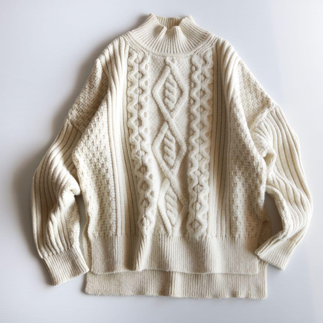 【手仕上げクリーニング済】フレームワーク オーバーサイズアランケーブルニット 白