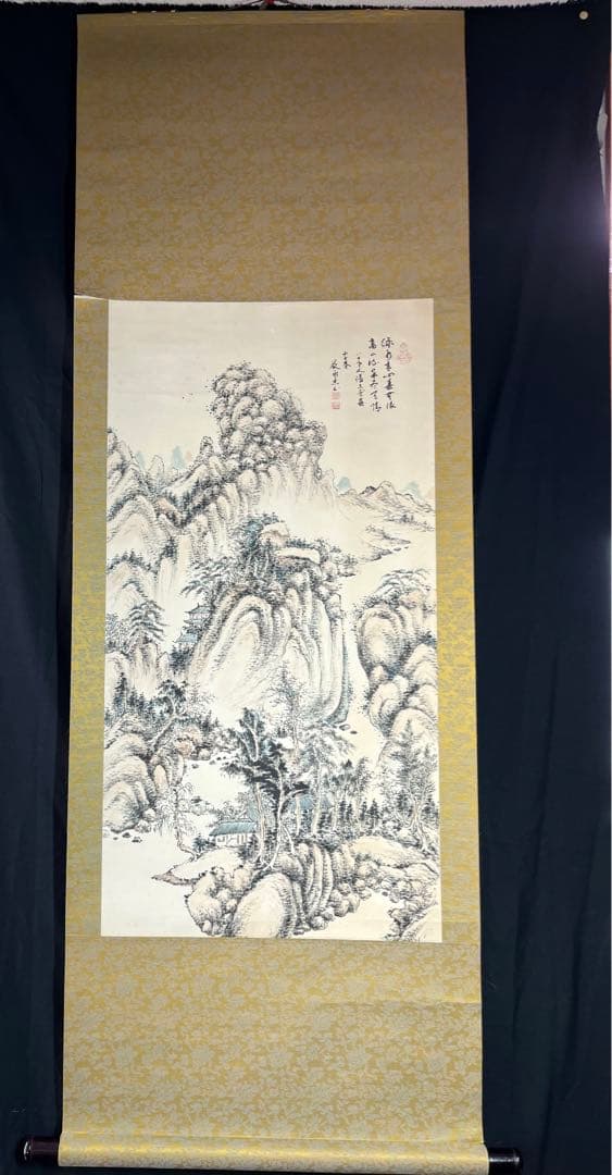 掛け軸 水墨画 山水風景 書道付き　紙本　肉筆