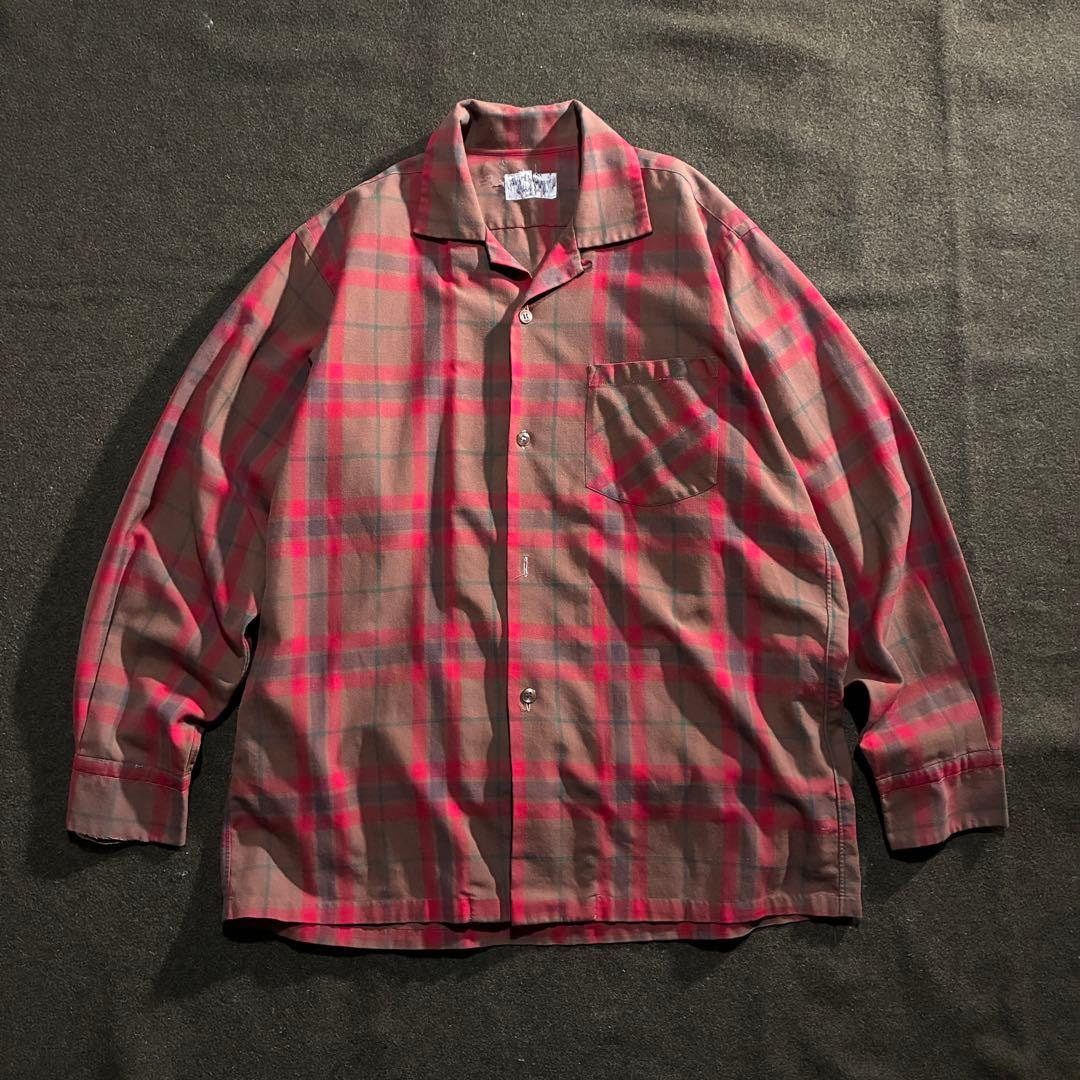 60s-70s Vintage チェック　開襟ボックスシャツ　L相当