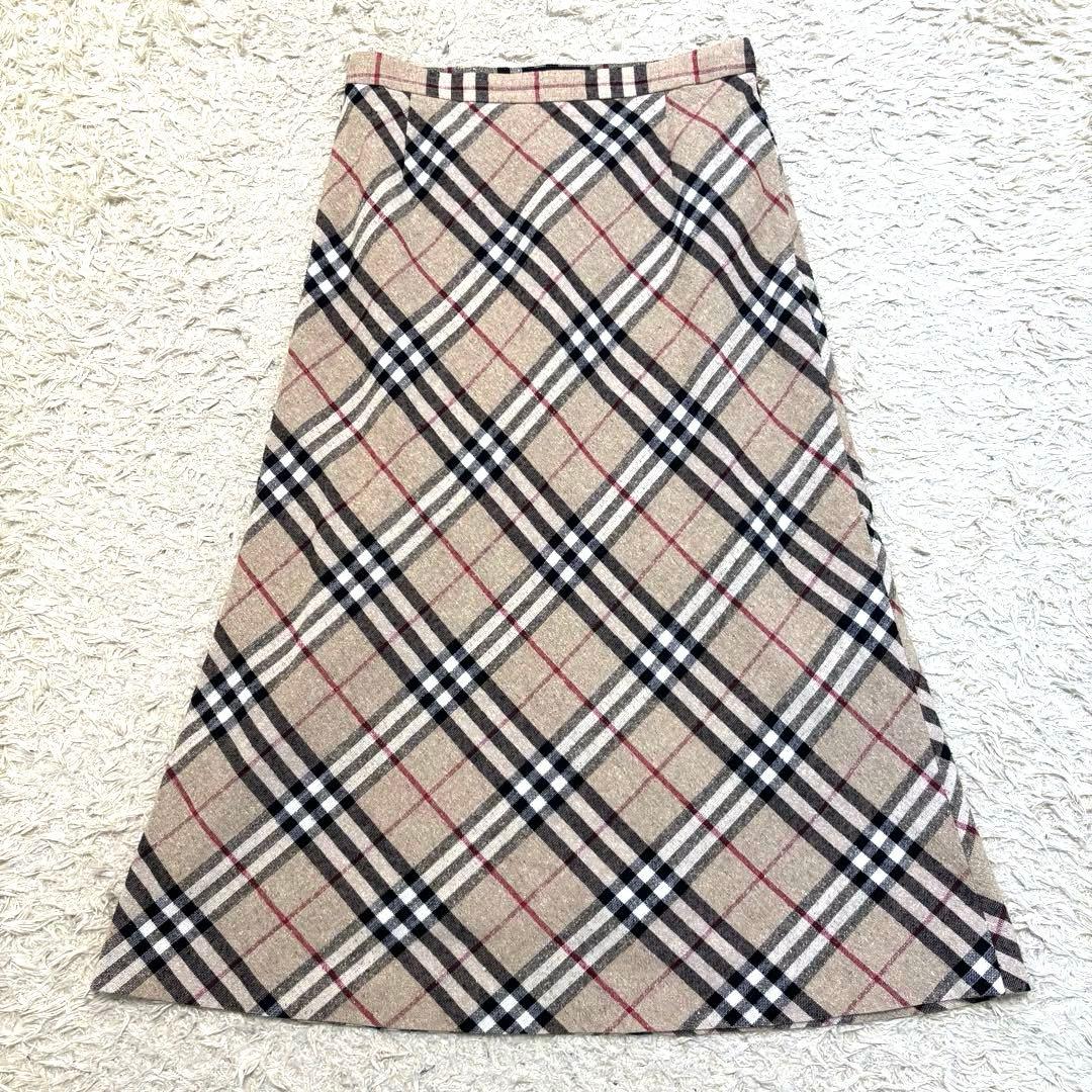 バーバリー　ノバチェックフレアスカート　ロングスカート　リネン　シルク　38