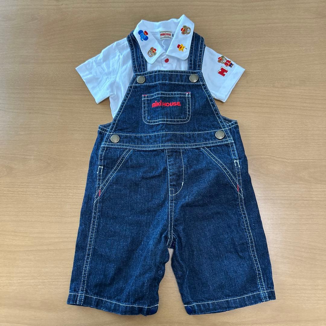 [未使用品]3/26まで値下げ中　ミキハウス デニムオーバーオール七分丈(80)