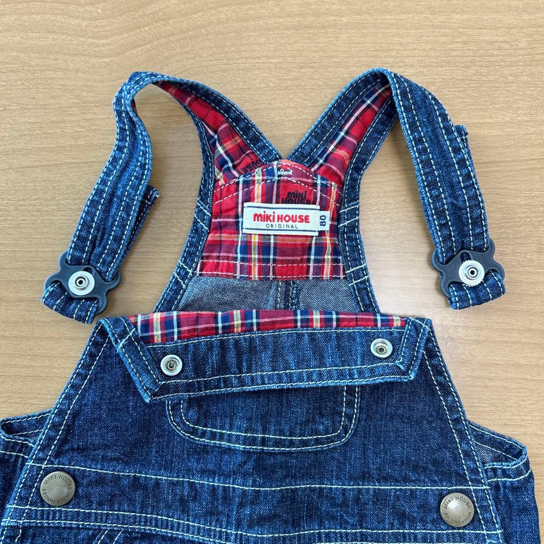 未使用品]3/26まで値下げ中 ミキハウス デニムオーバーオール七分丈(80)