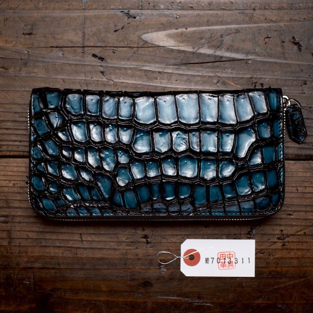 実物撮影 一枚革 クロコダイル ブルー メンズ 長財布 ラウンド