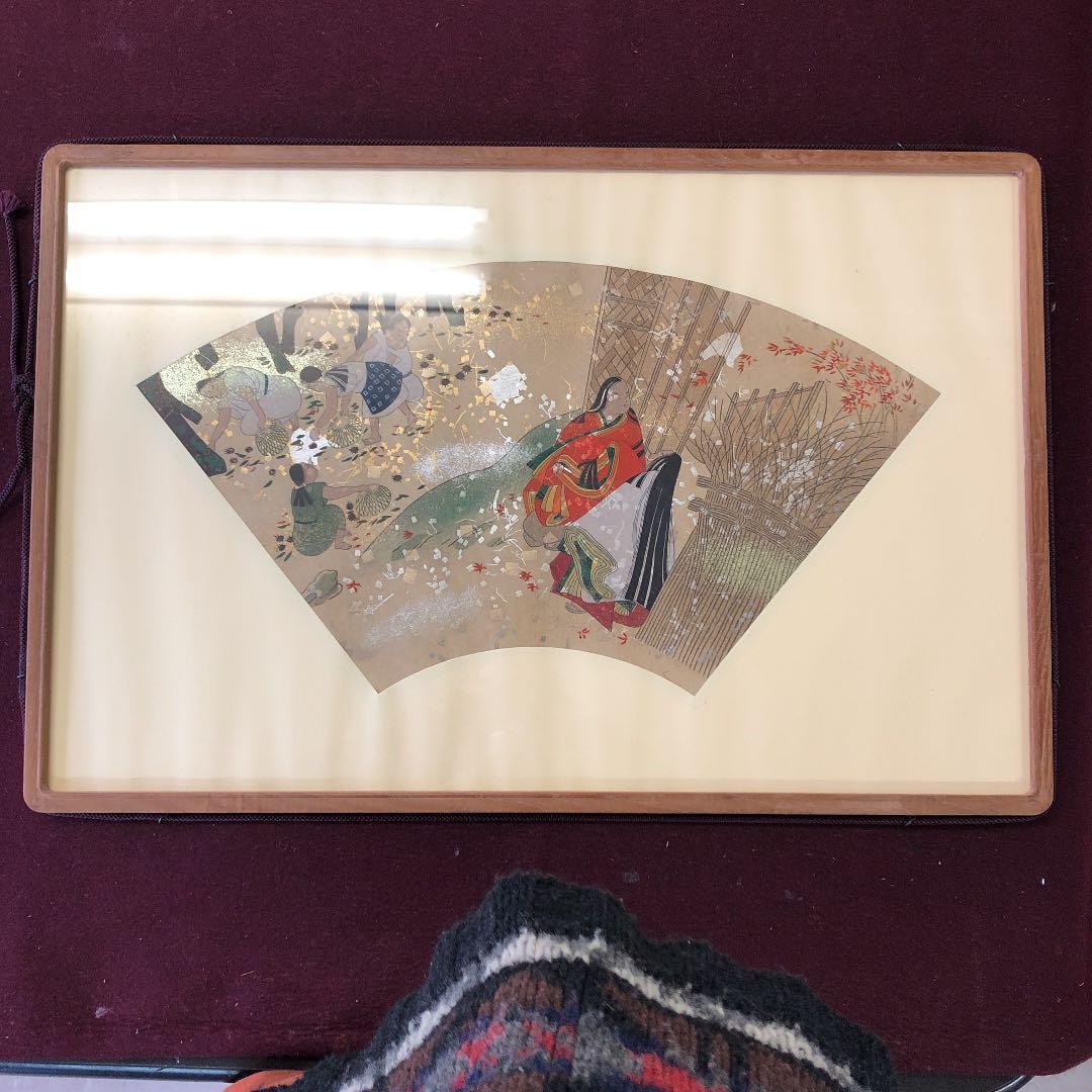 木版画　源氏物語　栗拾い　扇面古写経の複製
