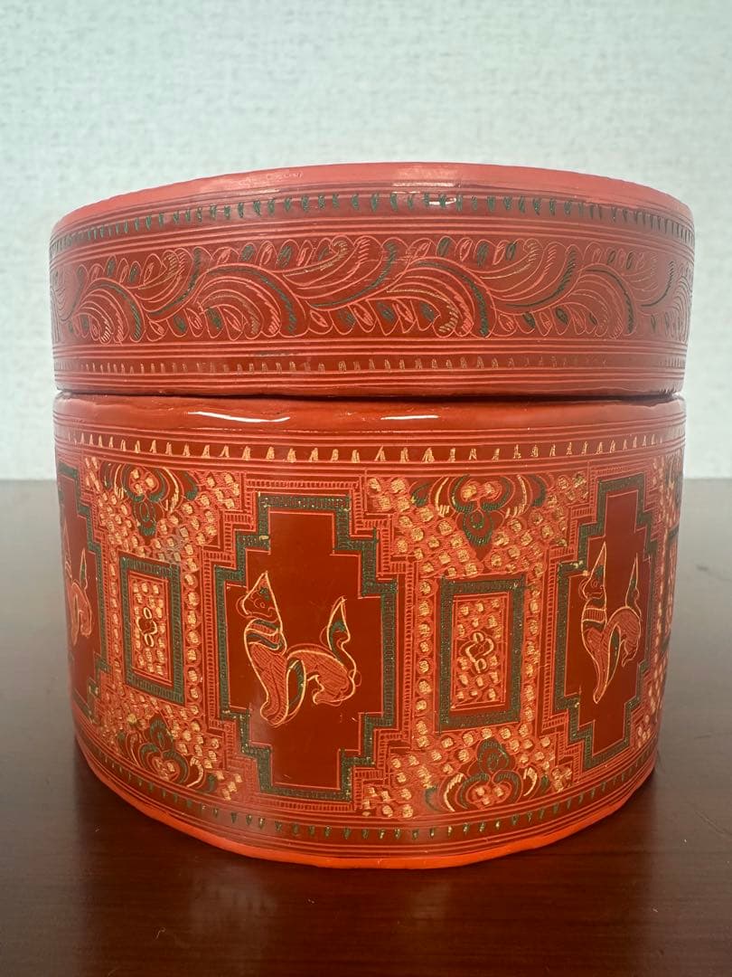 ミャンマー アンティーク 漆器 蒟醤 ビルマ 細密画 3段入れ子容器 ※31※