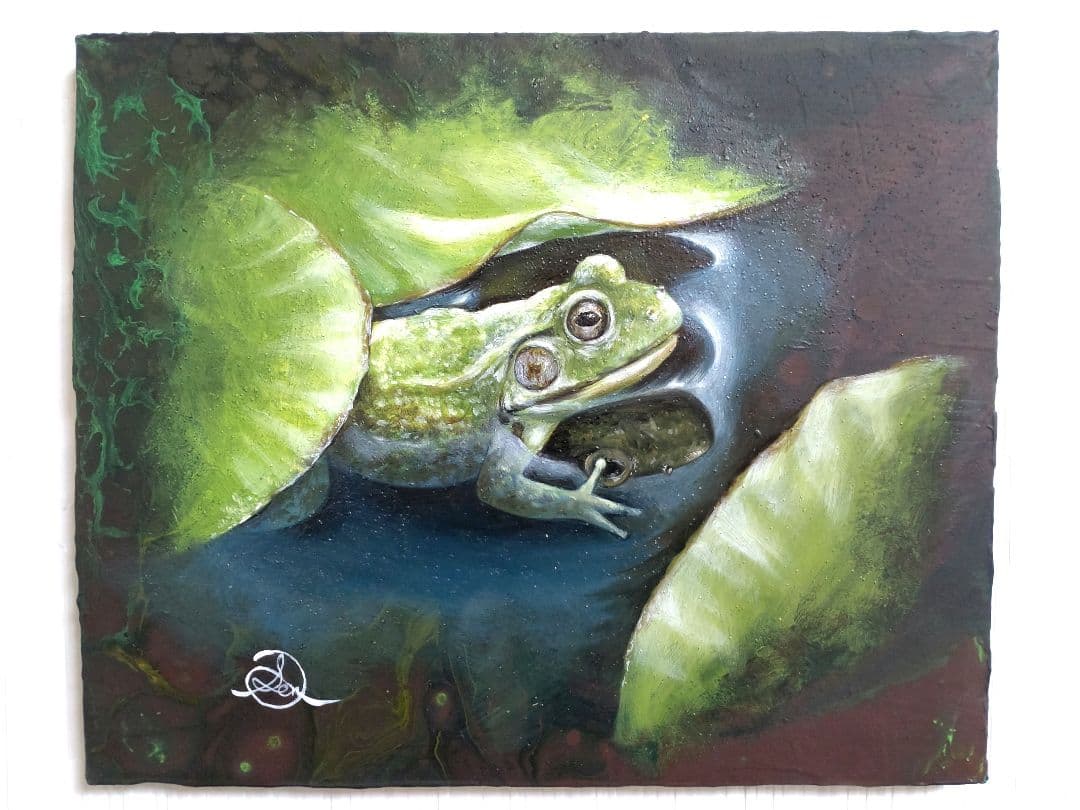 カエルの油絵【水鏡】1点物の原画◆作者サイン入り◆F3号キャンバス