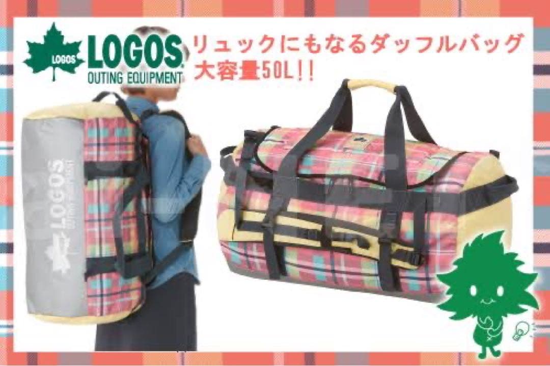 LOGOS チェック柄 ダッフルバッグ 50L