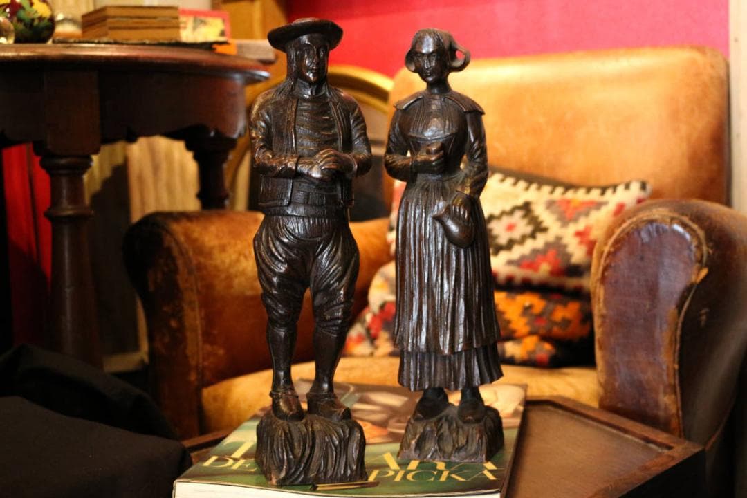 木彫 オブジェ 男女ペア アンティーク 置物 高さ約35cm