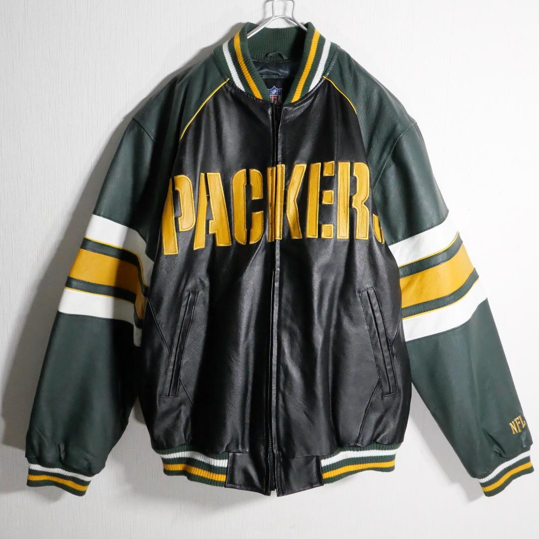 NFL グリーンベイ パッカーズ 本革 レザージャケット 革ジャン 刺繍 L 緑