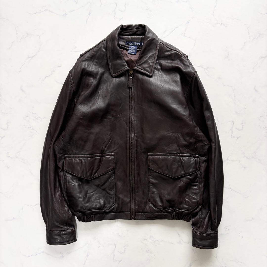 ノーティカ レザージャケット 羊革 短丈 ボックス型 ブラウン XL 相当