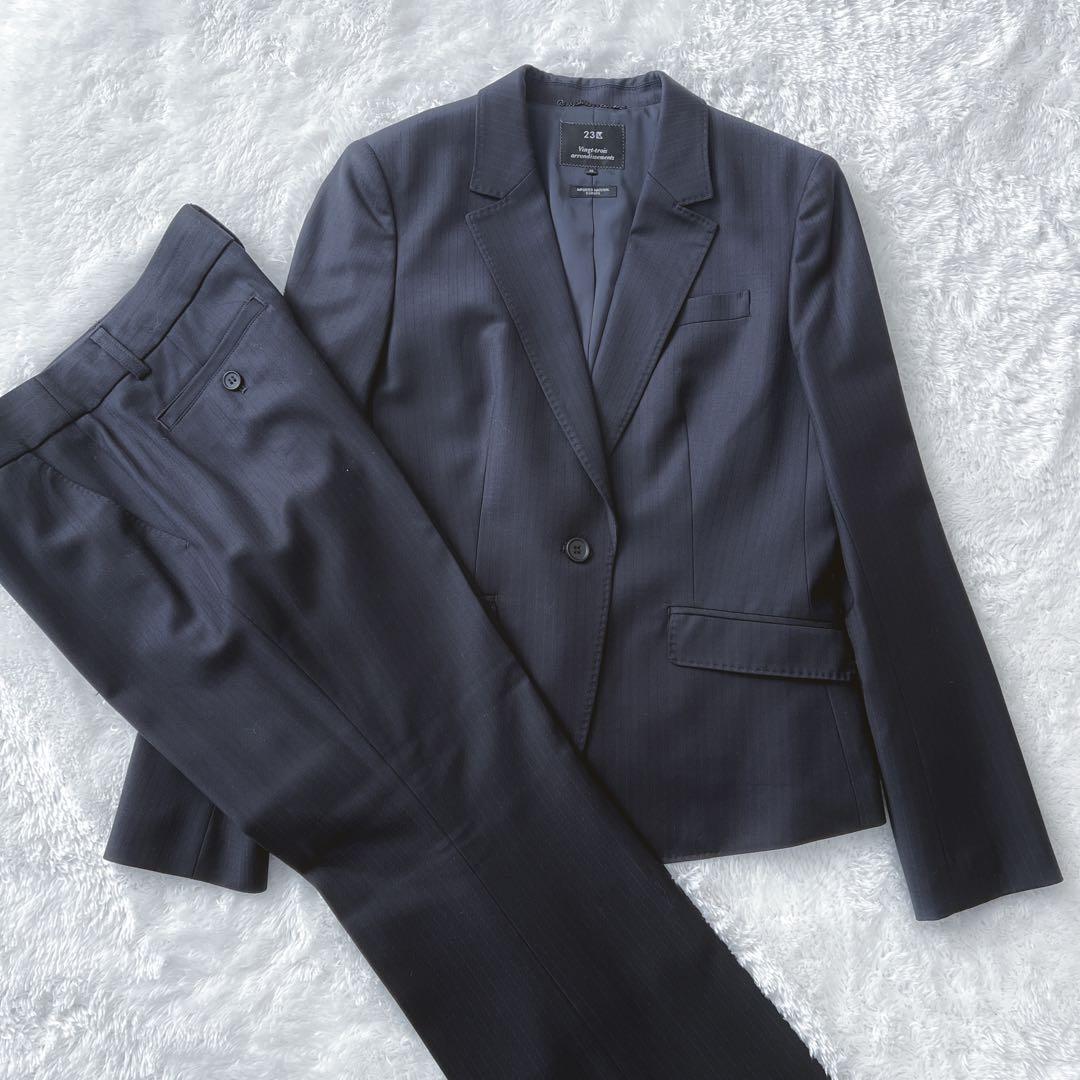 23区 40 パンツスーツ セットアップ ネイビー ストライプ ビジネス 通勤