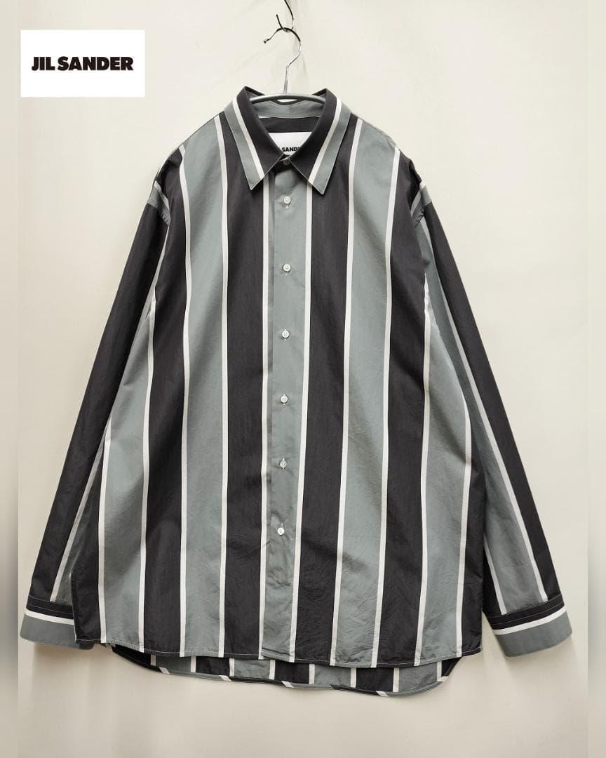 ジルサンダー/ストライプオーバーサイズドシャツ/光沢滑らか素材/ビッグシルエット