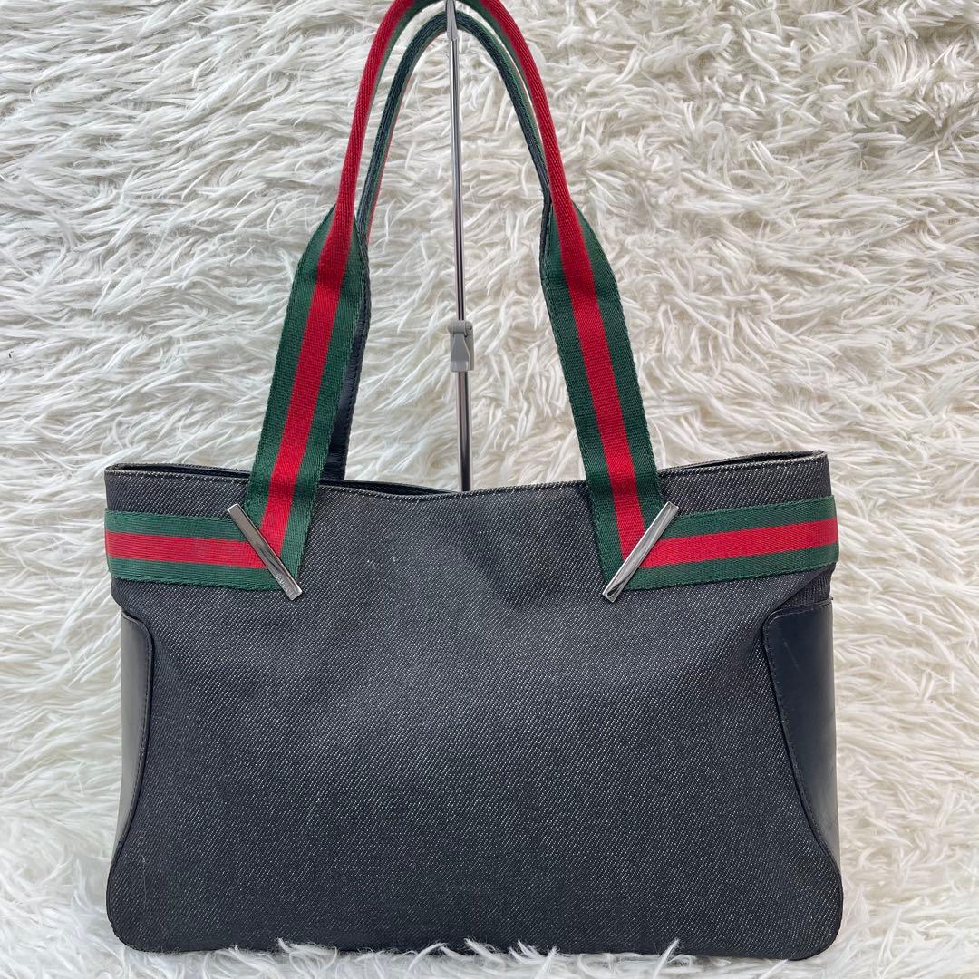 美品✨GUCCI グッチ シェリーライン デニム×レザー トートバッグ 黒