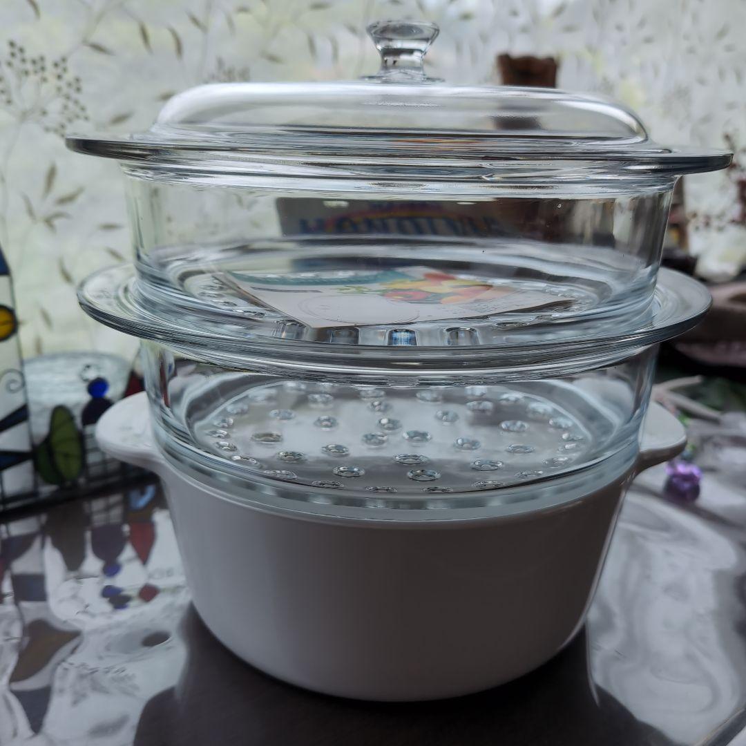 リュミナルク 2段 ガラス蒸し器 セイロ ホワイト - メルカリ