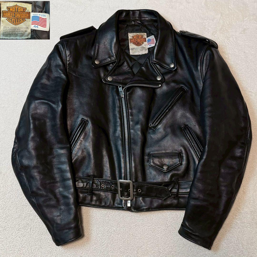 size44 SCHOTT HARLEY DAVIDSON ライダースジャケット Vtg Harley Davidson Black Leather Motorcycle Jacket D Pocket Sz L