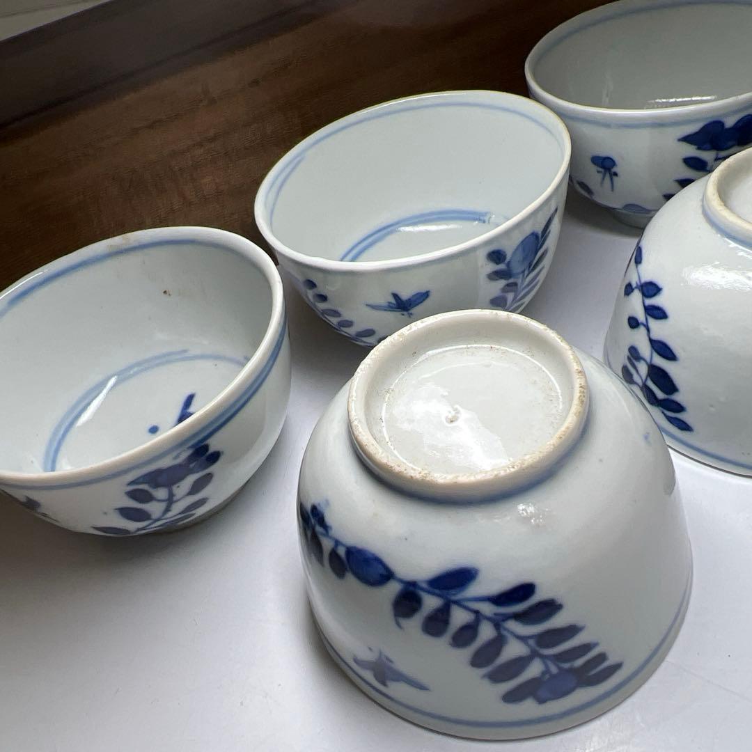 中国清時代　新渡染付煎茶碗5客　木箱付　口径約6.5㎝　東Y7-1105☆2F