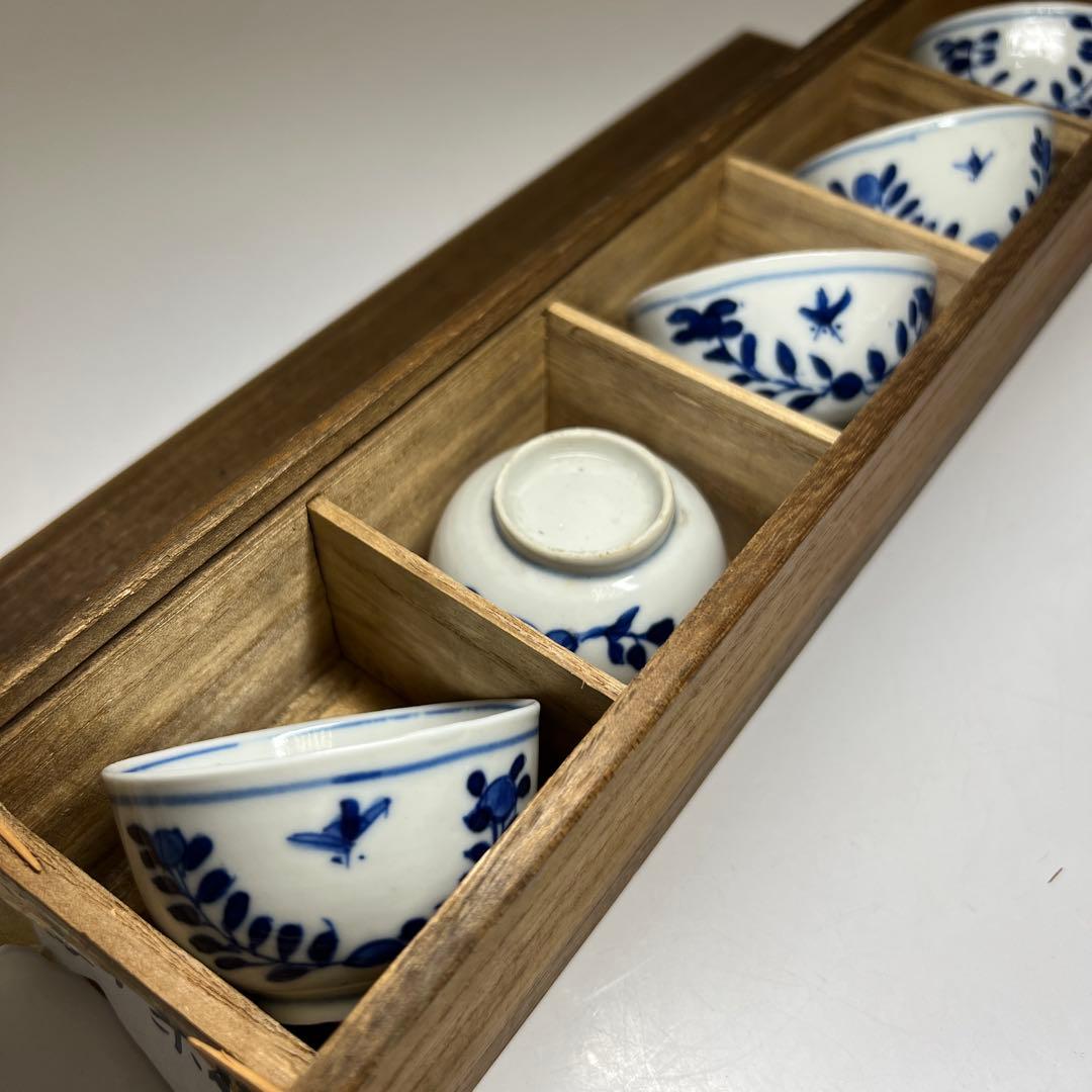 中国清時代 新渡染付煎茶碗5客 木箱付 口径約