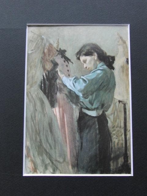 小磯良平、【裁縫女】、希少な限定額装用画集画、新品高級額 額装付