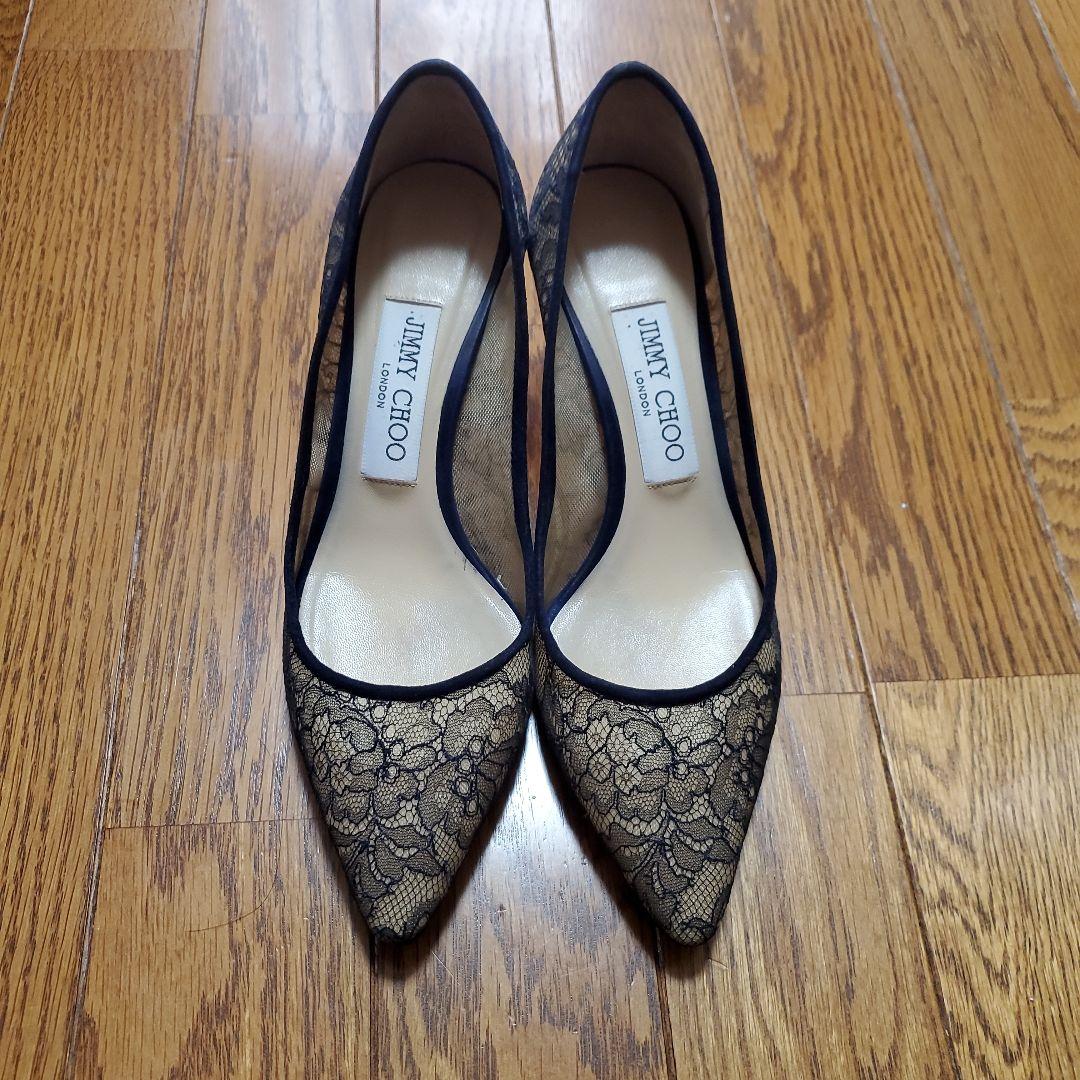 【ララママ】JIMMY CHOO ネイビー・ベージュ レースハイヒール美品