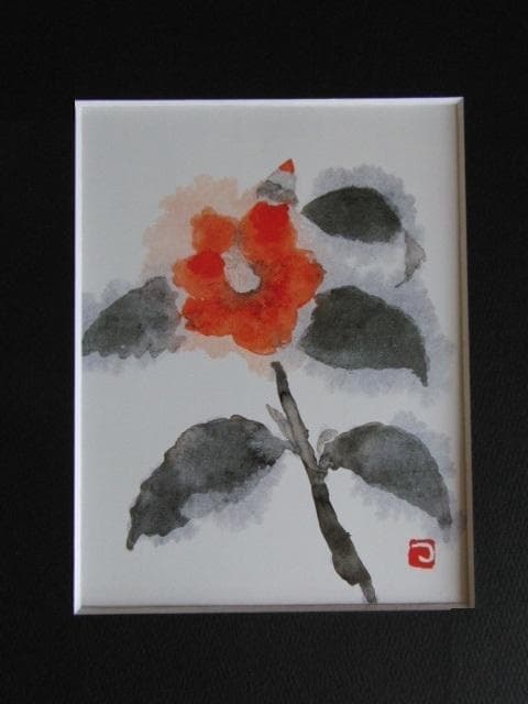 片岡鶴太郎、【侘助一輪（赤）】、希少な額装用画集より、美品、日本人画家