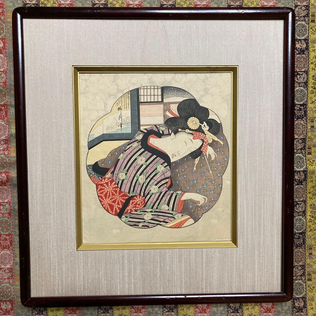 葛飾北斎門人　柳川重信　美人画木板　　　額44.5×41.5￼絵27×24cm