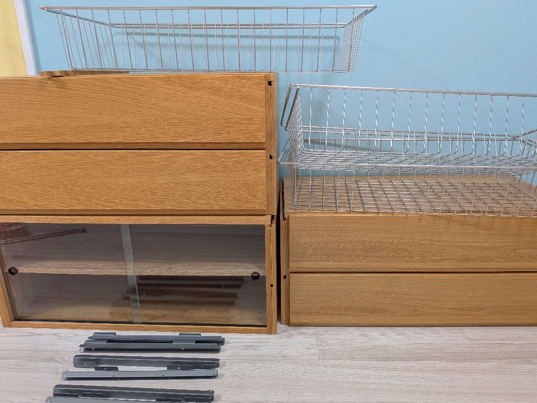 無印　ステンレスユニットシェルフ　ガラス戸　引き出し　バスケット