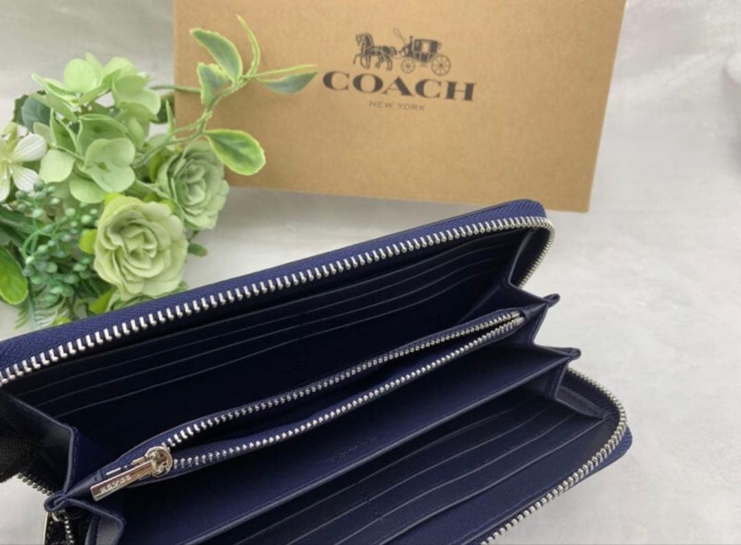 COACH 長財布 ネイビー/ブルー ストライプ - メルカリ